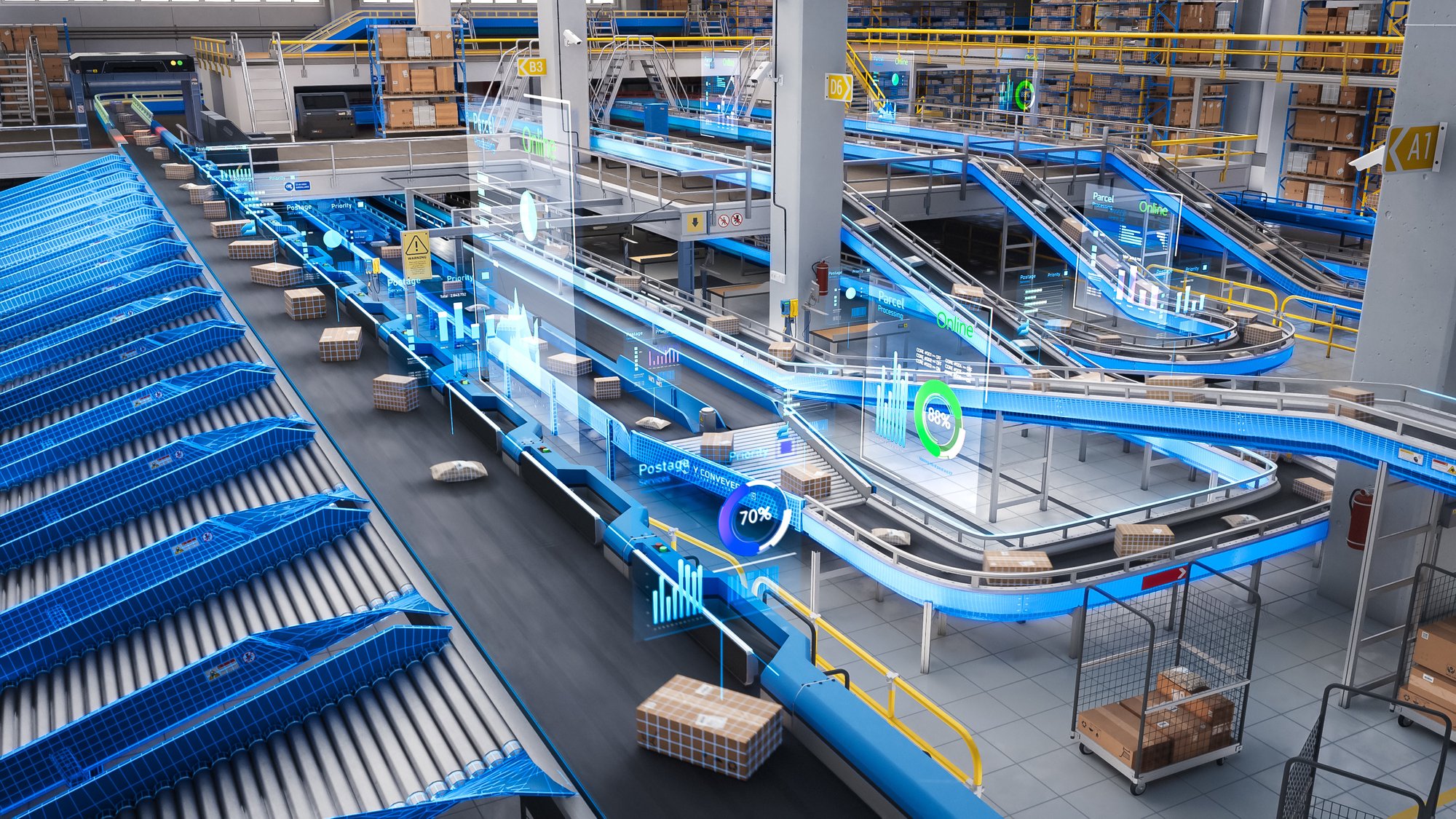 Augmented-Reality-VFX-Visualization-in-a-High-Tech-Logistics-Center-with-Working-Automated-Conveyor-Belt-with-Retail-Parcels,-Delivery-Boxes-and-Online-Shopping-Orders-Being-Prepared-for-Shipping-2150292204_3840x2160